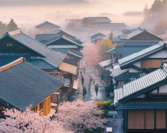 桜が咲き、朝靄に包まれた伝統的な美しい街並み