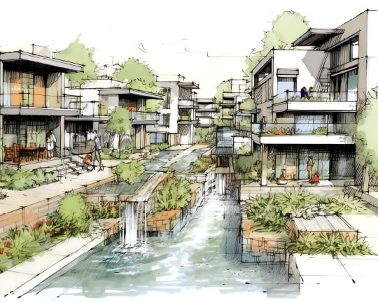 水辺と豊かな緑が調和した住環境の手描き建築パース