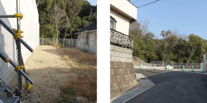 敷地脇の通路と前面道路側からの様子を並べて掲載